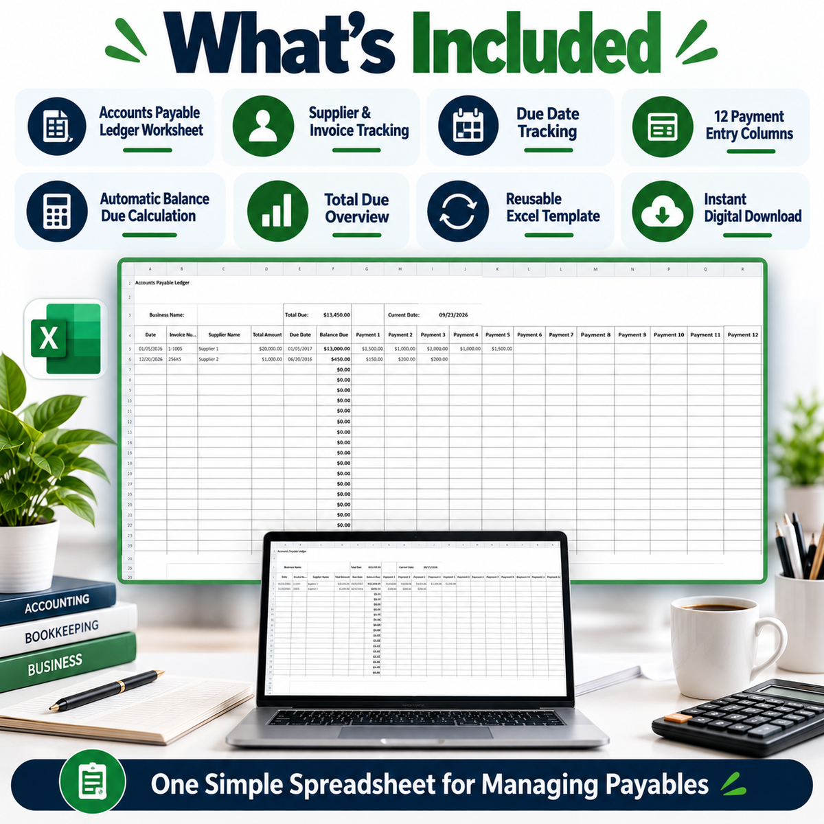 Accounts Payable Ledger Excel Spreadsheet Template | Supplier Invoice & Payment Tracker | Accounts Payable Tracking Sheet