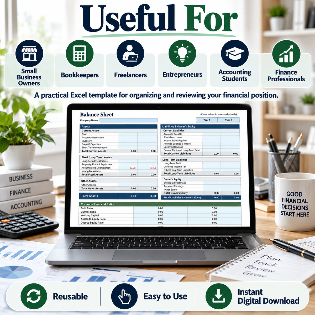 Balance Sheet Excel Spreadsheet Template | Assets, Liabilities & Equity Tracker | Financial Statement Excel Template