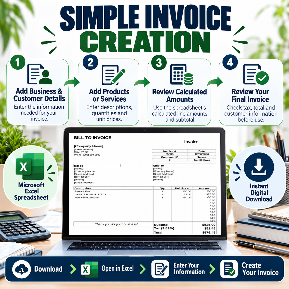 Bill to Invoice Excel Template | Automatic Invoice Spreadsheet | Small Business Invoice Template | Instant Digital Download