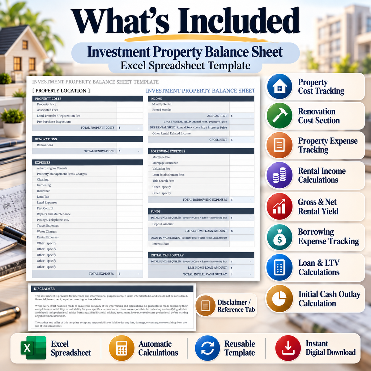 Investment Property Balance Sheet Excel Template | Rental Property Calculator & Financial Spreadsheet