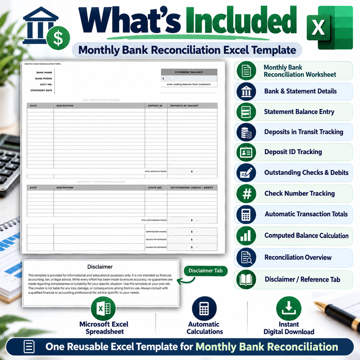 Monthly Bank Reconciliation Excel Template | Bank Reconciliation Spreadsheet | Deposits & Outstanding Checks Tracker