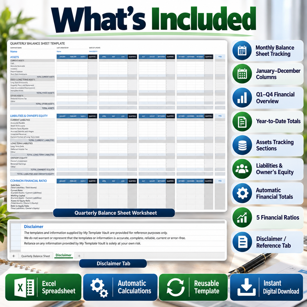 Quarterly Balance Sheet Excel Template | Monthly, Q1-Q4 & YTD Financial Spreadsheet