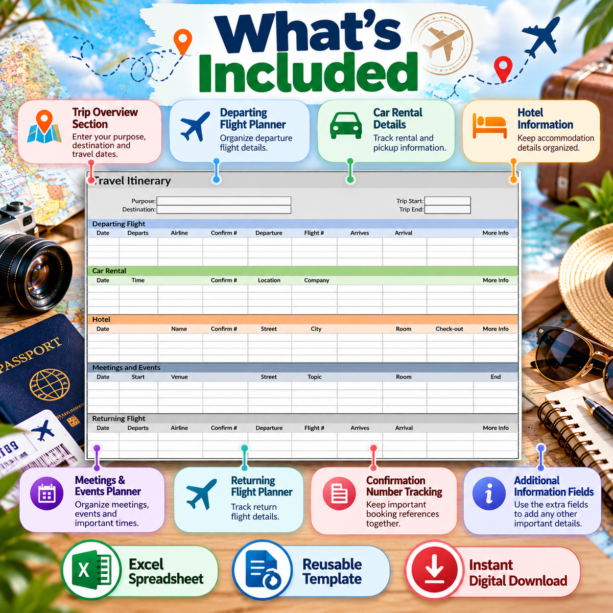 Travel Itinerary Excel Spreadsheet Template | Trip Planner for Flights, Hotels, Car Rentals & Meetings