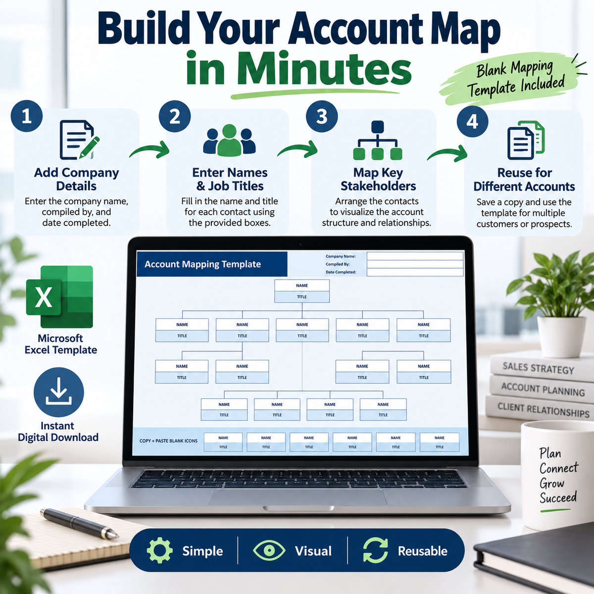Account Mapping Excel Template | Stakeholder Mapping Spreadsheet | Sales Account Planning & Key Contact Organizer