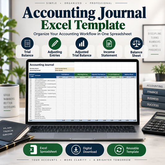 Accounting Journal Excel Template | Trial Balance, Adjusting Entries, Income Statement & Balance Sheet Spreadsheet