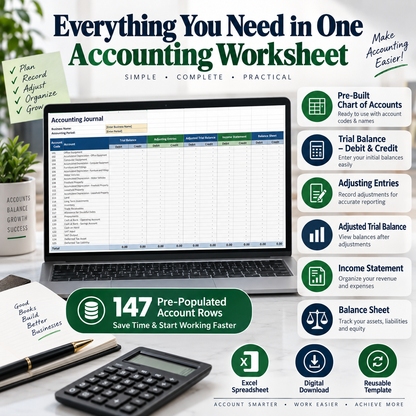 Accounting Journal Excel Template | Trial Balance, Adjusting Entries, Income Statement & Balance Sheet Spreadsheet