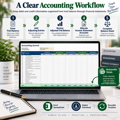Accounting Journal Excel Template | Trial Balance, Adjusting Entries, Income Statement & Balance Sheet Spreadsheet