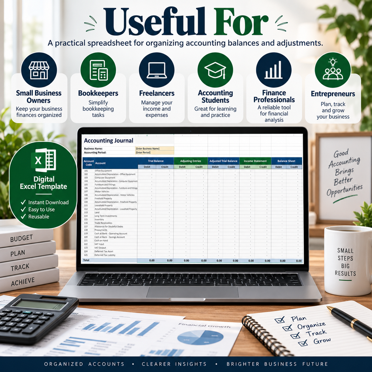 Accounting Journal Excel Template | Trial Balance, Adjusting Entries, Income Statement & Balance Sheet Spreadsheet