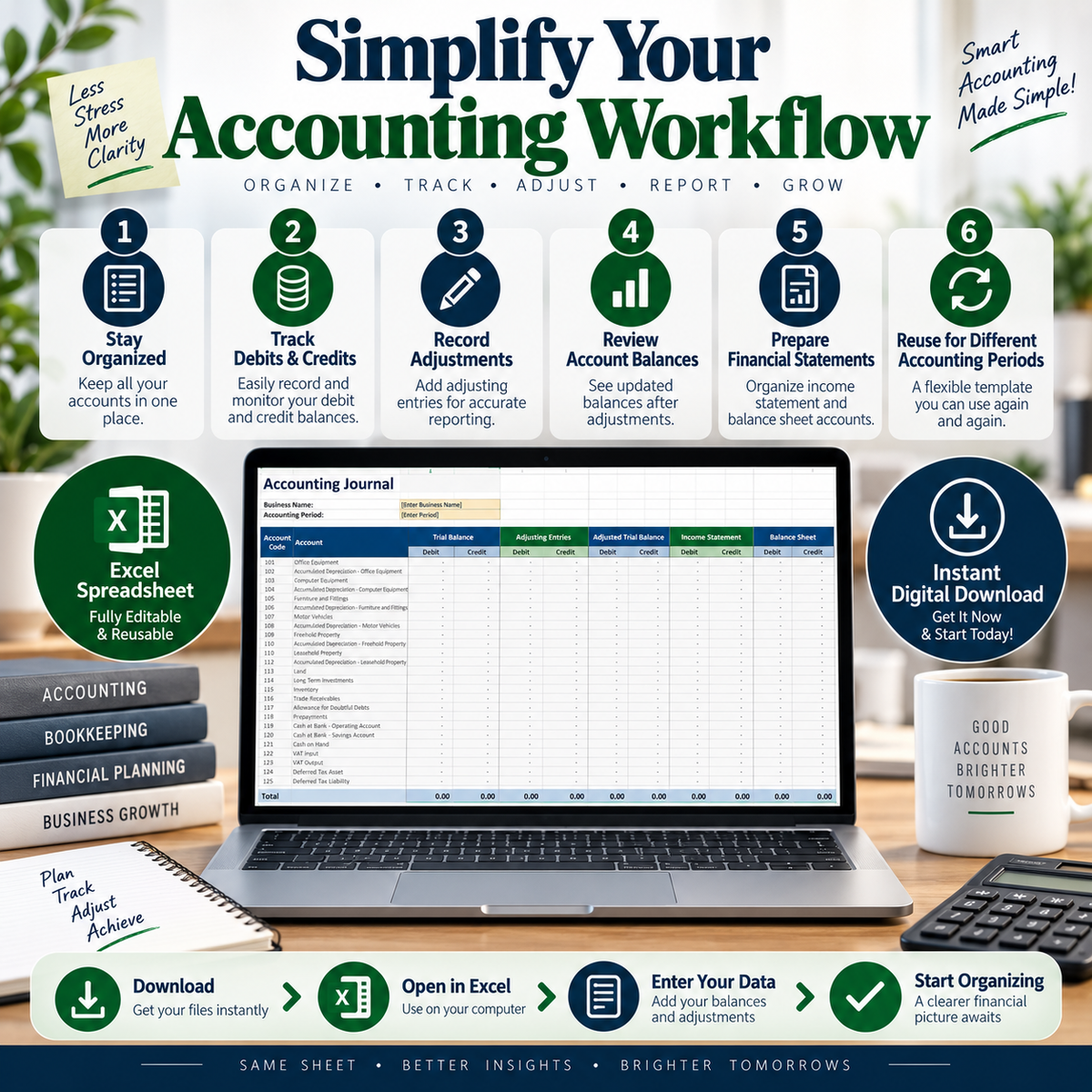 Accounting Journal Excel Template | Trial Balance, Adjusting Entries, Income Statement & Balance Sheet Spreadsheet