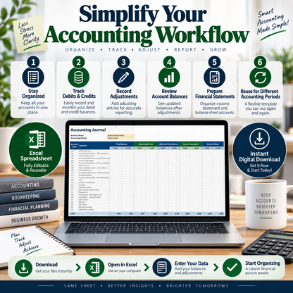 Accounting Journal Excel Template | Trial Balance, Adjusting Entries, Income Statement & Balance Sheet Spreadsheet