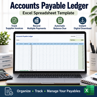 Accounts Payable Ledger Excel Spreadsheet Template | Supplier Invoice & Payment Tracker | Balance Due & Business Bookkeeping Spreadsheet