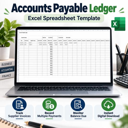 Accounts Payable Ledger Excel Spreadsheet Template | Supplier Invoice & Payment Tracker | Accounts Payable Tracking Sheet