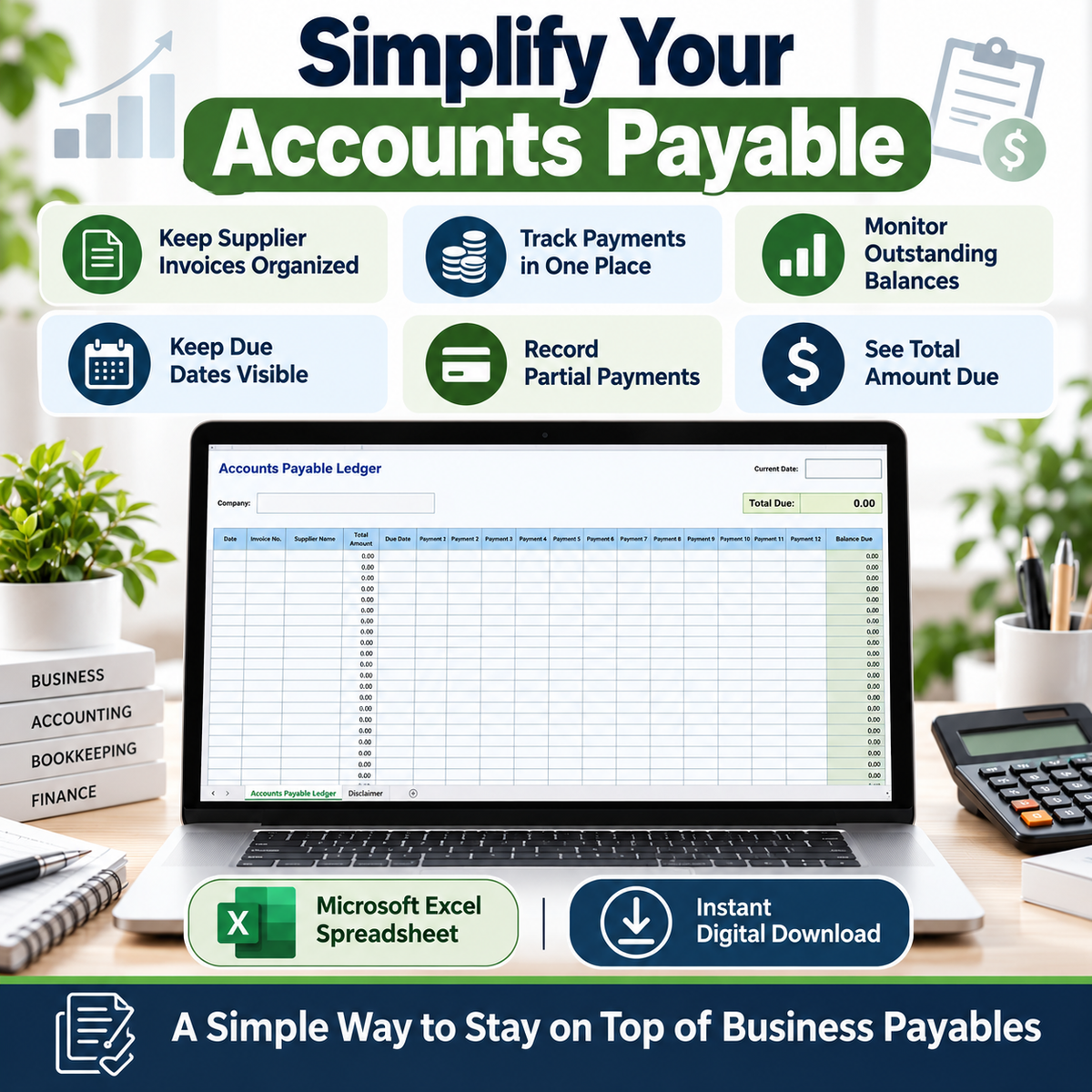 Accounts Payable Ledger Excel Spreadsheet Template | Supplier Invoice & Payment Tracker | Balance Due & Business Bookkeeping Spreadsheet