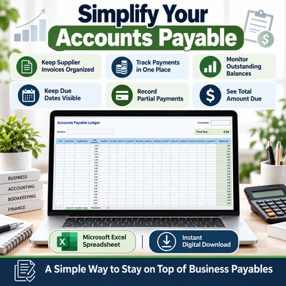 Accounts Payable Ledger Excel Spreadsheet Template | Supplier Invoice & Payment Tracker | Balance Due & Business Bookkeeping Spreadsheet