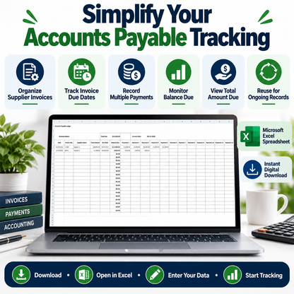 Accounts Payable Ledger Excel Spreadsheet Template | Supplier Invoice & Payment Tracker | Accounts Payable Tracking Sheet
