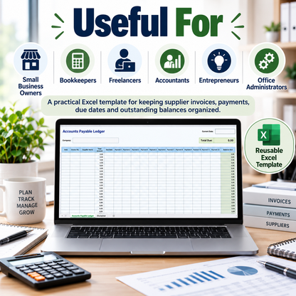 Accounts Payable Ledger Excel Spreadsheet Template | Supplier Invoice & Payment Tracker | Balance Due & Business Bookkeeping Spreadsheet