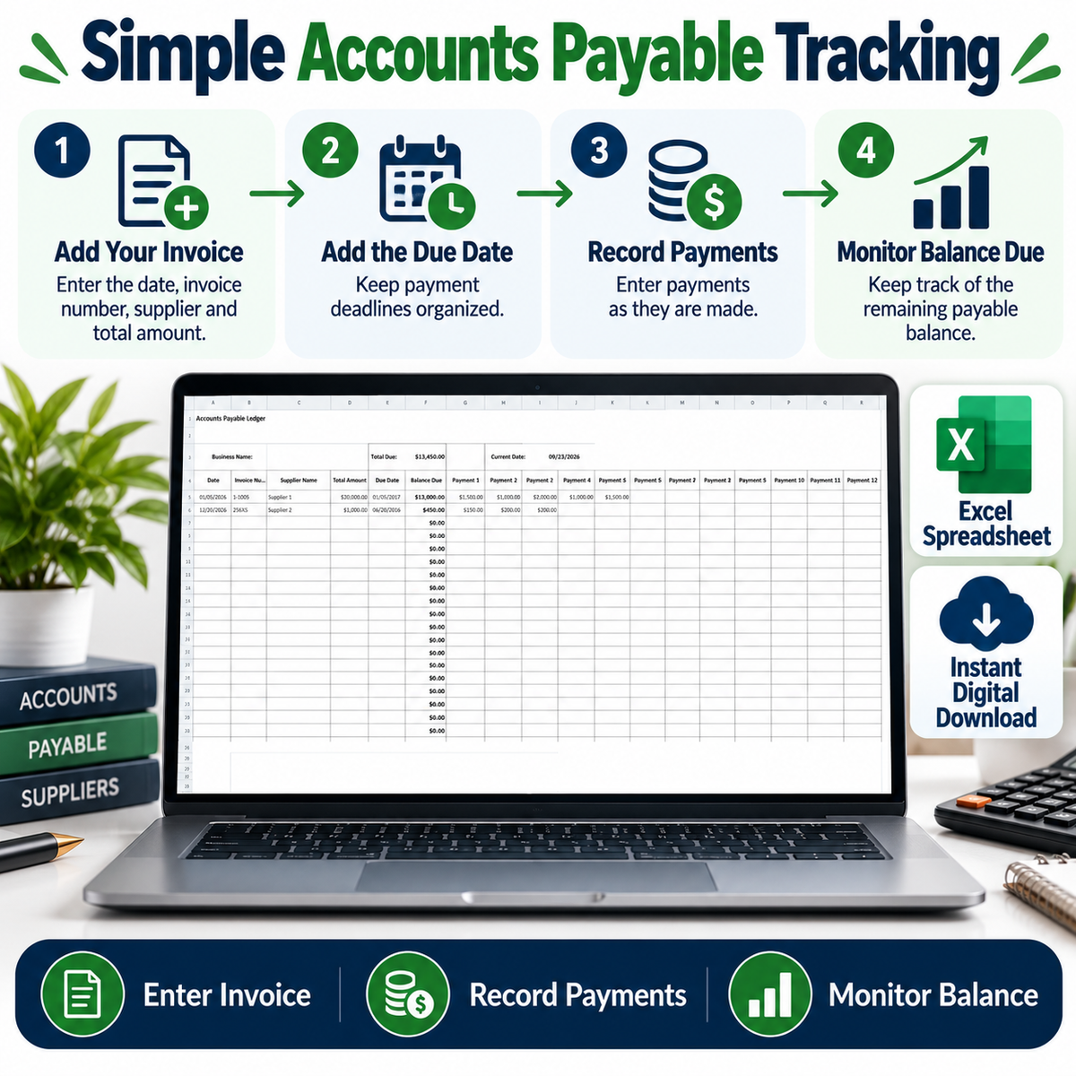 Accounts Payable Ledger Excel Spreadsheet Template | Supplier Invoice & Payment Tracker | Accounts Payable Tracking Sheet