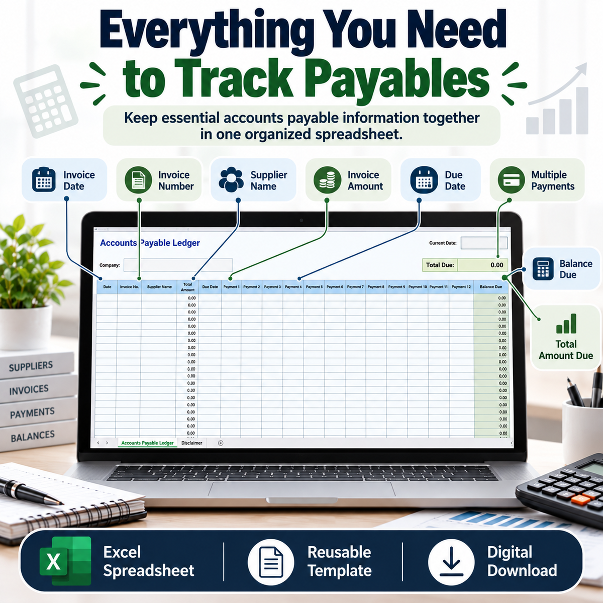 Accounts Payable Ledger Excel Spreadsheet Template | Supplier Invoice & Payment Tracker | Balance Due & Business Bookkeeping Spreadsheet