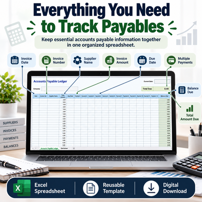Accounts Payable Ledger Excel Spreadsheet Template | Supplier Invoice & Payment Tracker | Balance Due & Business Bookkeeping Spreadsheet