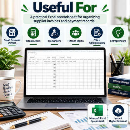 Accounts Payable Ledger Excel Spreadsheet Template | Supplier Invoice & Payment Tracker | Accounts Payable Tracking Sheet