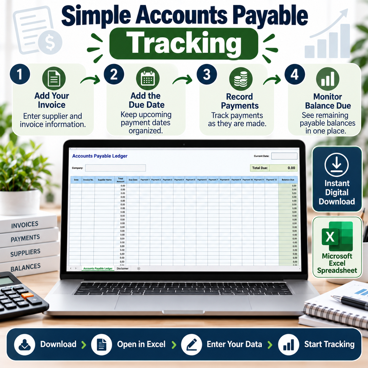 Accounts Payable Ledger Excel Spreadsheet Template | Supplier Invoice & Payment Tracker | Balance Due & Business Bookkeeping Spreadsheet