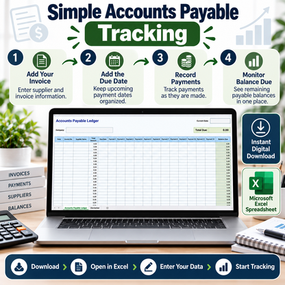 Accounts Payable Ledger Excel Spreadsheet Template | Supplier Invoice & Payment Tracker | Balance Due & Business Bookkeeping Spreadsheet