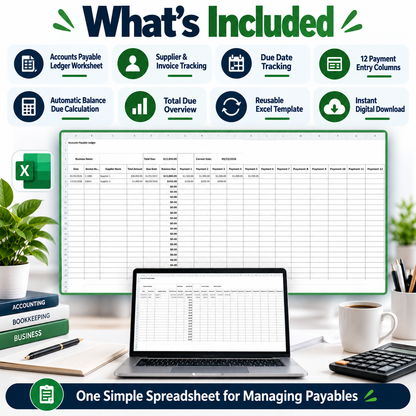Accounts Payable Ledger Excel Spreadsheet Template | Supplier Invoice & Payment Tracker | Accounts Payable Tracking Sheet