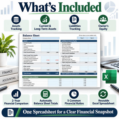 Balance Sheet Excel Spreadsheet Template | Assets, Liabilities & Equity Tracker | Financial Statement Excel Template