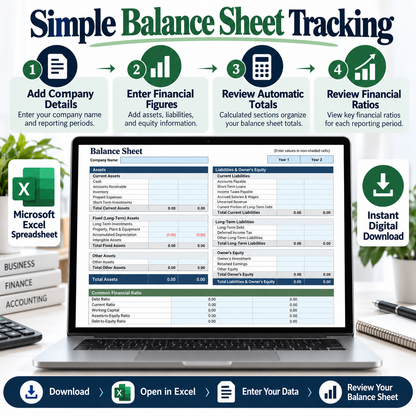 Balance Sheet Excel Spreadsheet Template | Assets, Liabilities & Equity Tracker | Financial Statement Excel Template