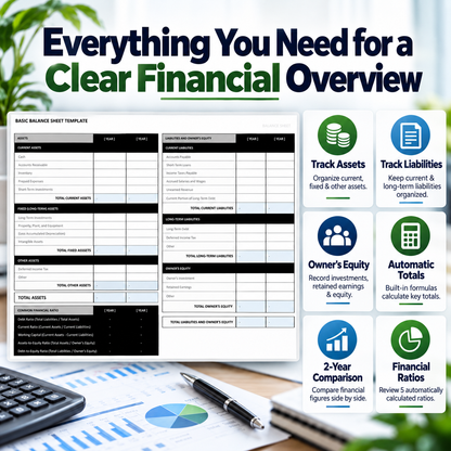 Basic Balance Sheet Excel Template | 2-Year Financial Statement & Ratio Analysis Spreadsheet