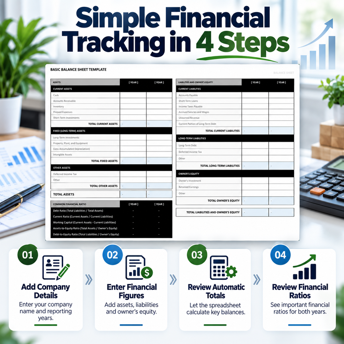 Basic Balance Sheet Excel Template | 2-Year Financial Statement & Ratio Analysis Spreadsheet