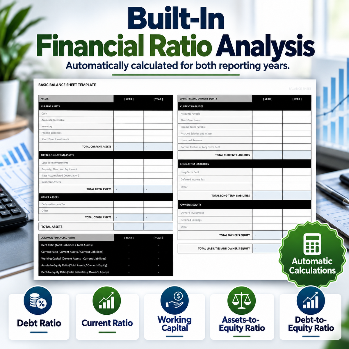 Basic Balance Sheet Excel Template | 2-Year Financial Statement & Ratio Analysis Spreadsheet