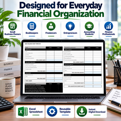 Basic Balance Sheet Excel Template | 2-Year Financial Statement & Ratio Analysis Spreadsheet