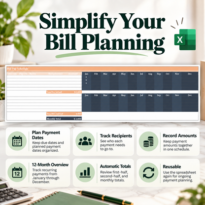 Bill Pay Schedule Excel Template | Monthly Payment Tracker Spreadsheet | 12-Month Bill Planner