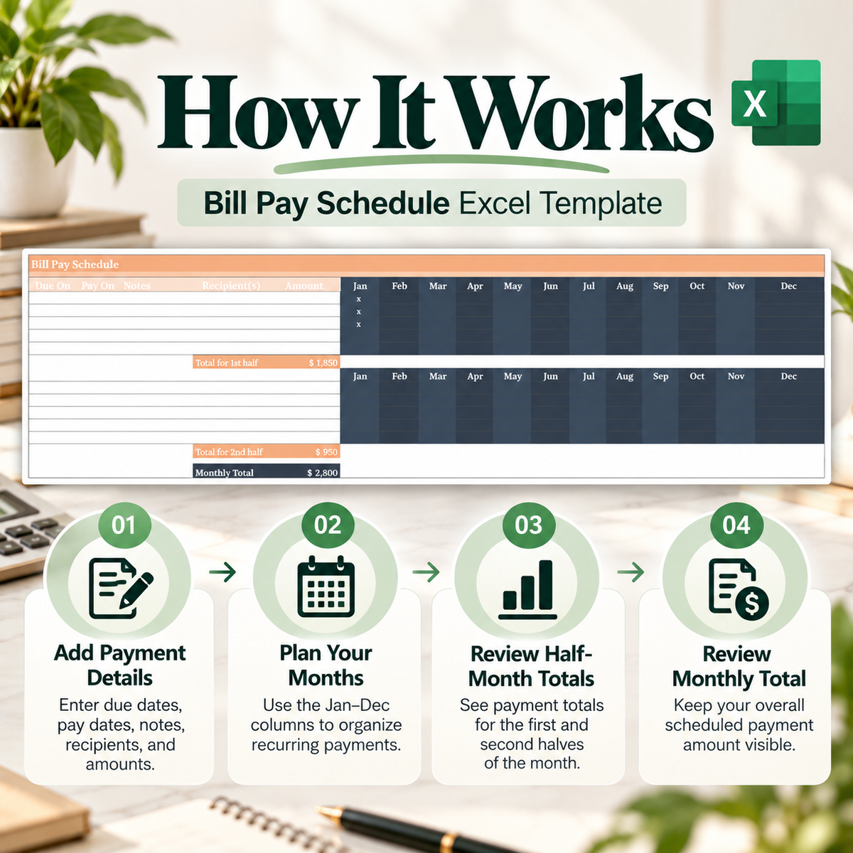 Bill Pay Schedule Excel Template | Monthly Payment Tracker Spreadsheet | 12-Month Bill Planner