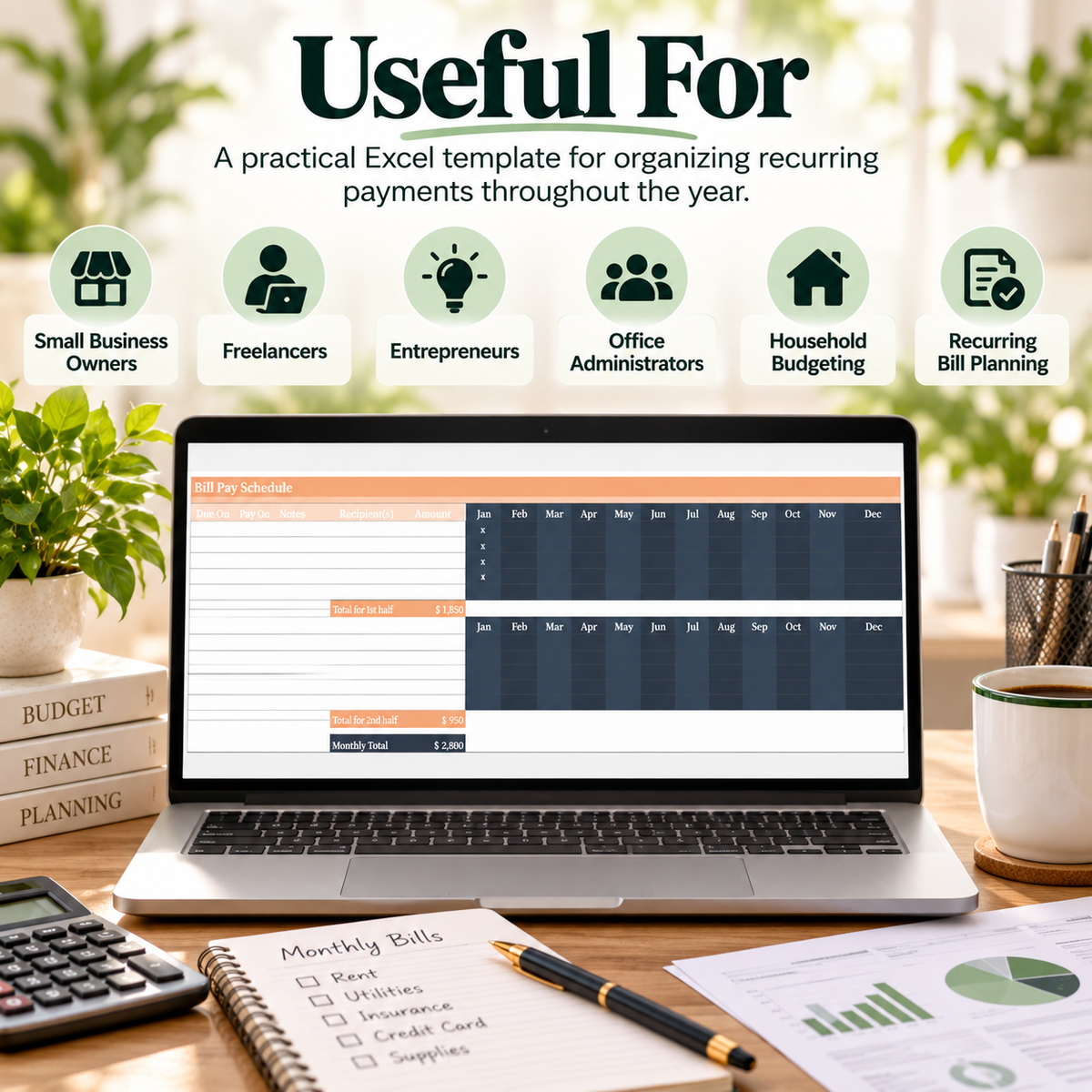 Bill Pay Schedule Excel Template | Monthly Payment Tracker Spreadsheet | 12-Month Bill Planner