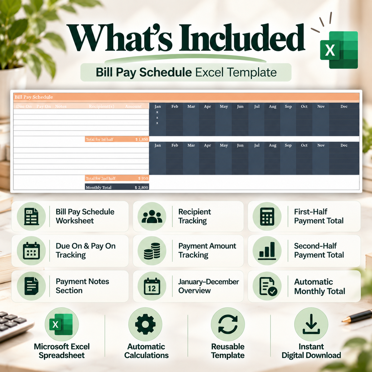 Bill Pay Schedule Excel Template | Monthly Payment Tracker Spreadsheet | 12-Month Bill Planner