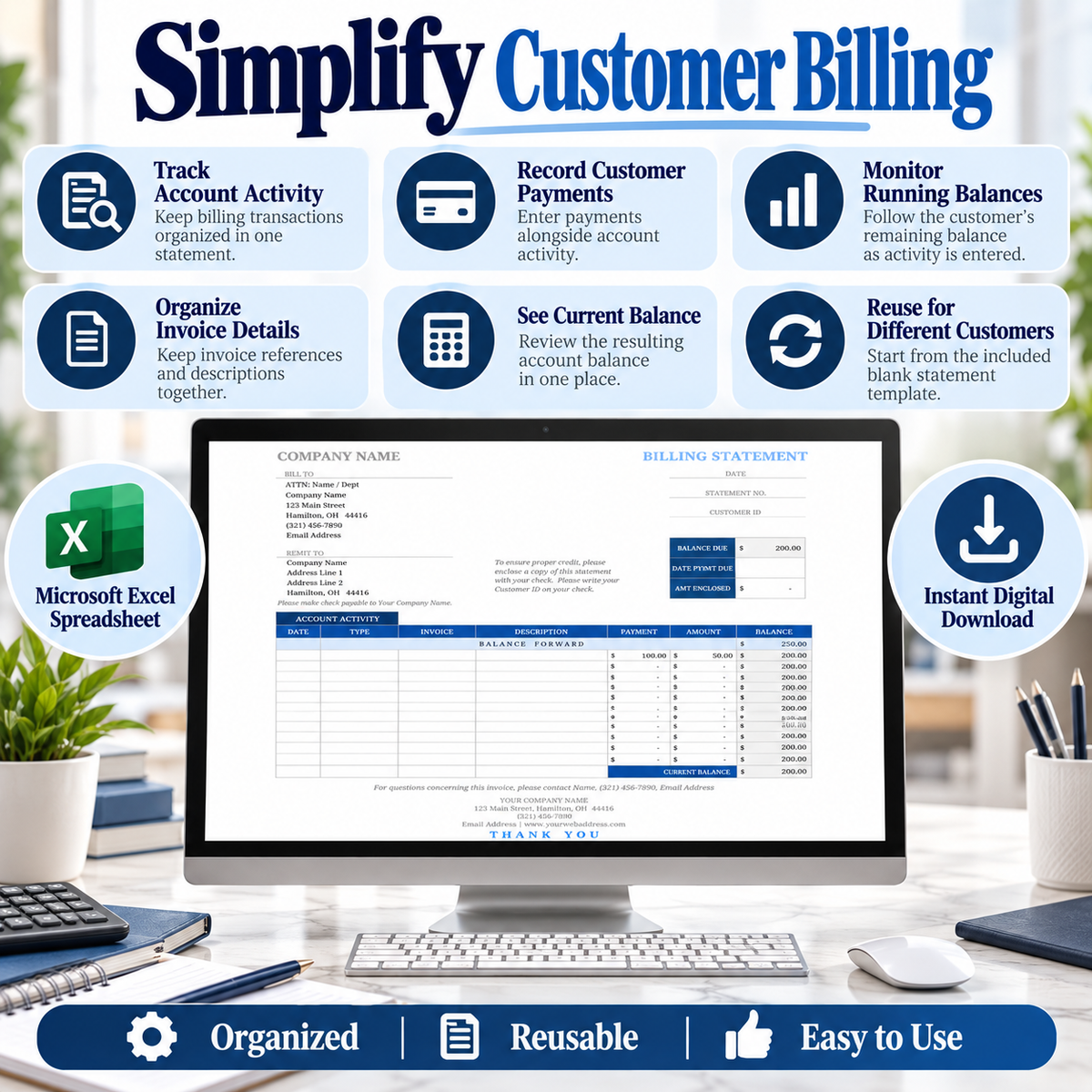 Billing Statement Excel Template | Customer Account Statement Spreadsheet | Invoice Payment & Balance Tracker | Instant Download