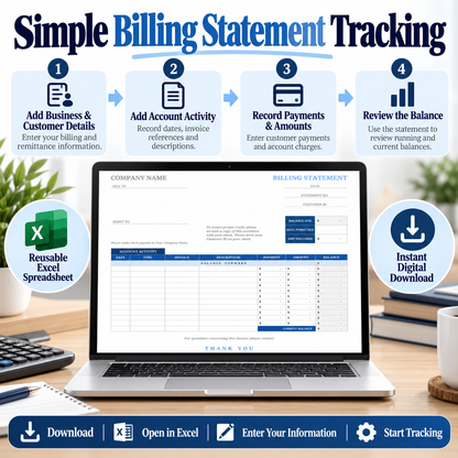 Billing Statement Excel Template | Customer Account Statement Spreadsheet | Invoice Payment & Balance Tracker | Instant Download