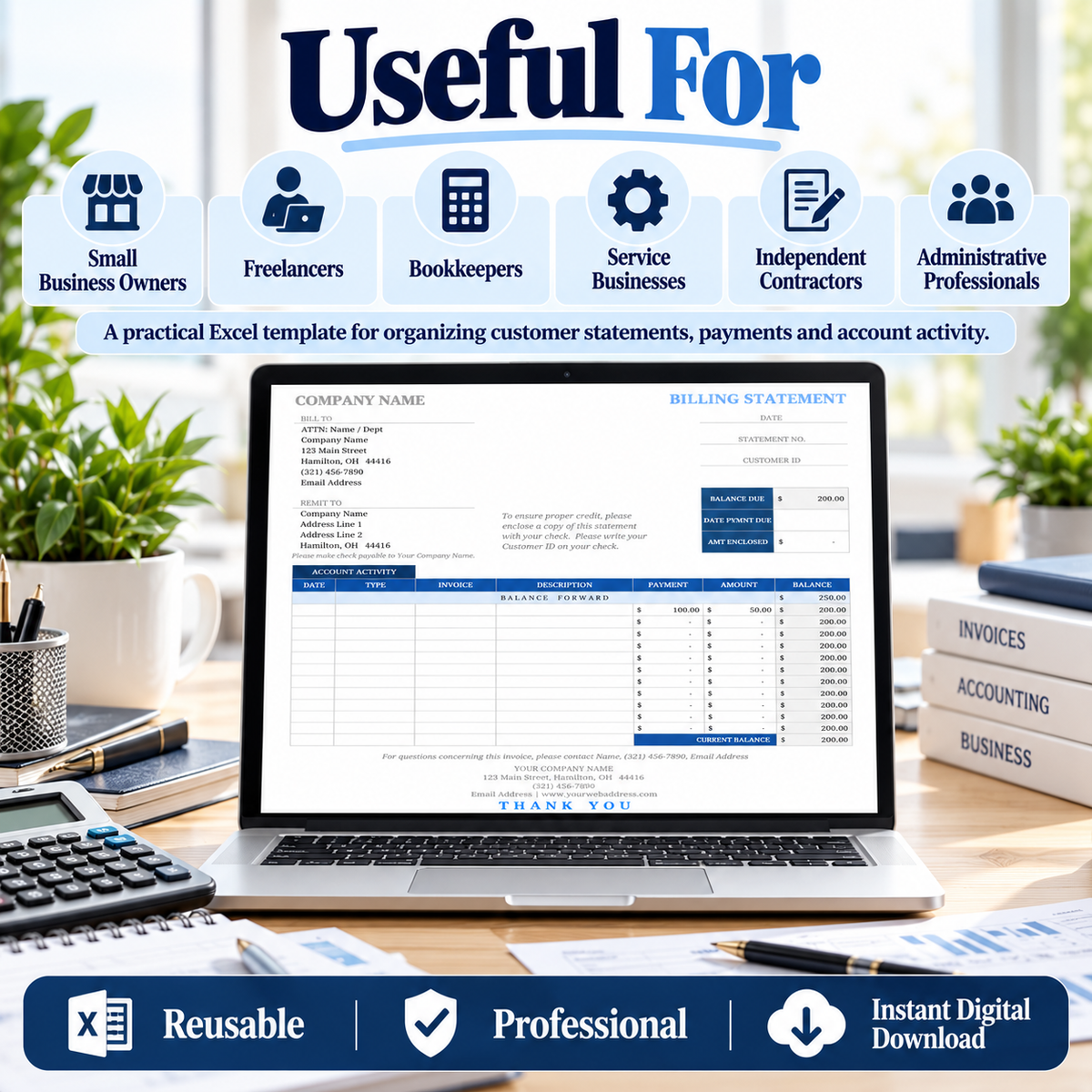 Billing Statement Excel Template | Customer Account Statement Spreadsheet | Invoice Payment & Balance Tracker | Instant Download