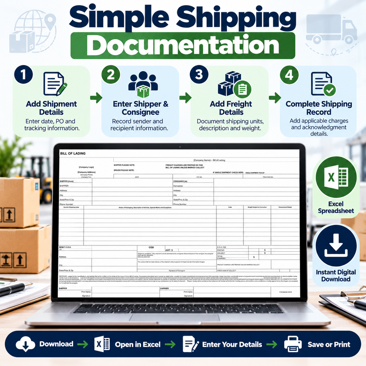 Bill of Lading Excel Template | Shipping & Freight BOL Spreadsheet | Reusable Logistics Form | Instant Digital Download