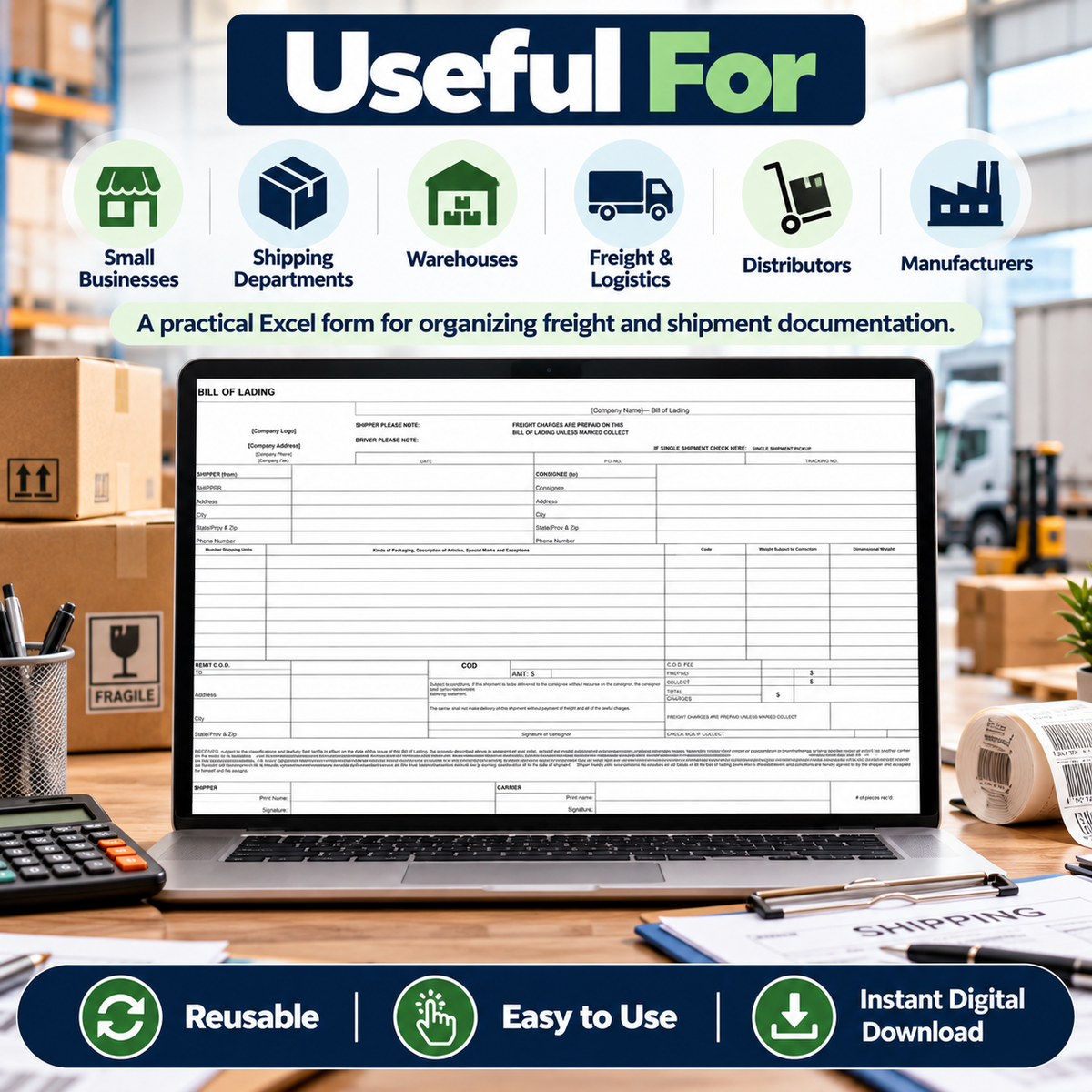 Bill of Lading Excel Template | Shipping & Freight BOL Spreadsheet | Reusable Logistics Form | Instant Digital Download