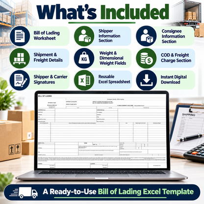 Bill of Lading Excel Template | Shipping & Freight BOL Spreadsheet | Reusable Logistics Form | Instant Digital Download