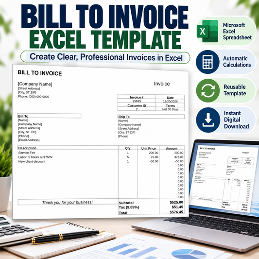 Bill to Invoice Excel Template | Automatic Invoice Spreadsheet | Small Business Invoice Template | Instant Digital Download