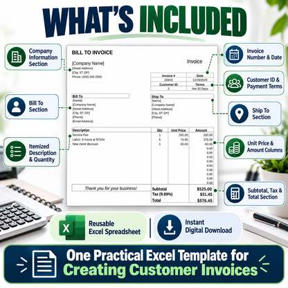 Bill to Invoice Excel Template | Automatic Invoice Spreadsheet | Small Business Invoice Template | Instant Digital Download