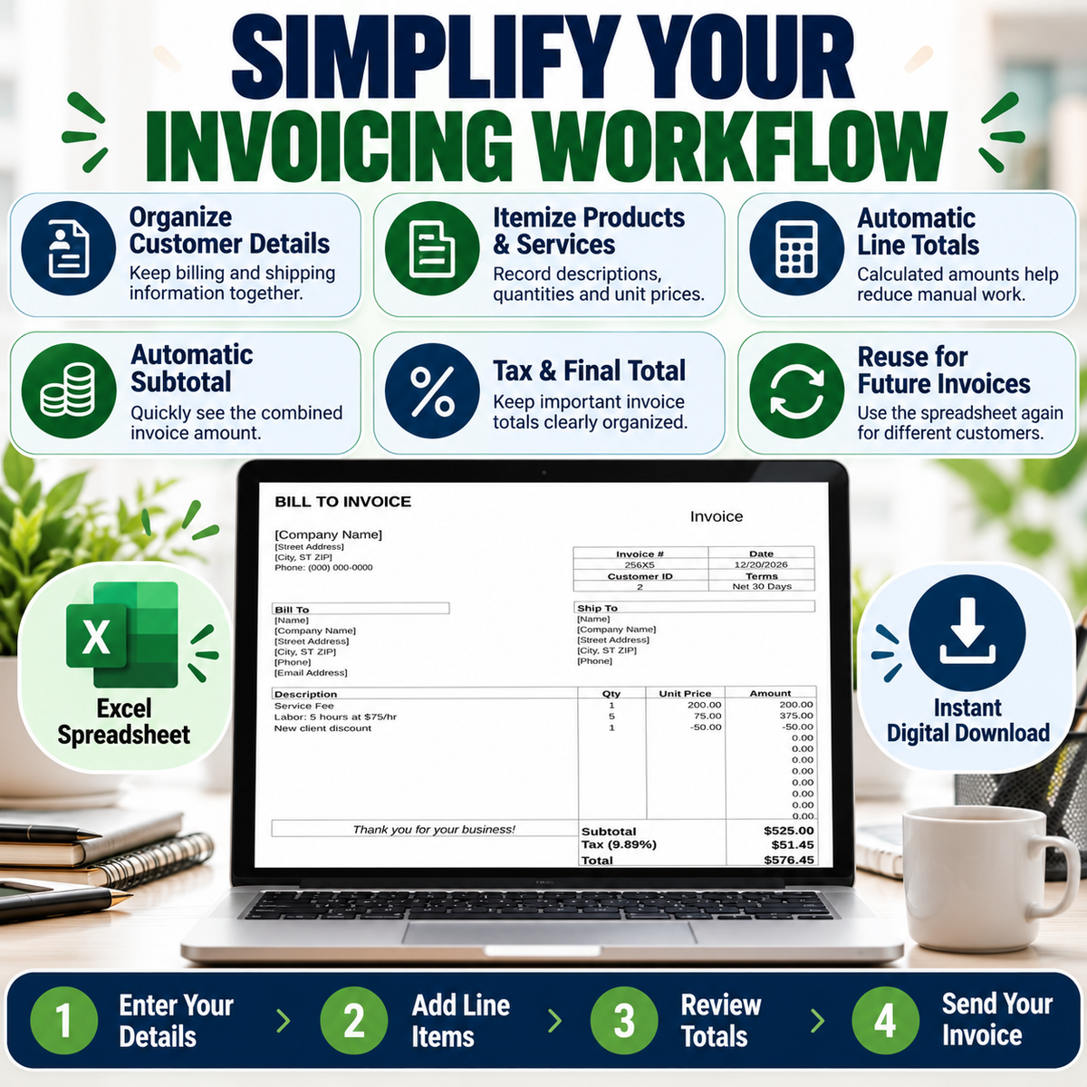 Bill to Invoice Excel Template | Automatic Invoice Spreadsheet | Small Business Invoice Template | Instant Digital Download