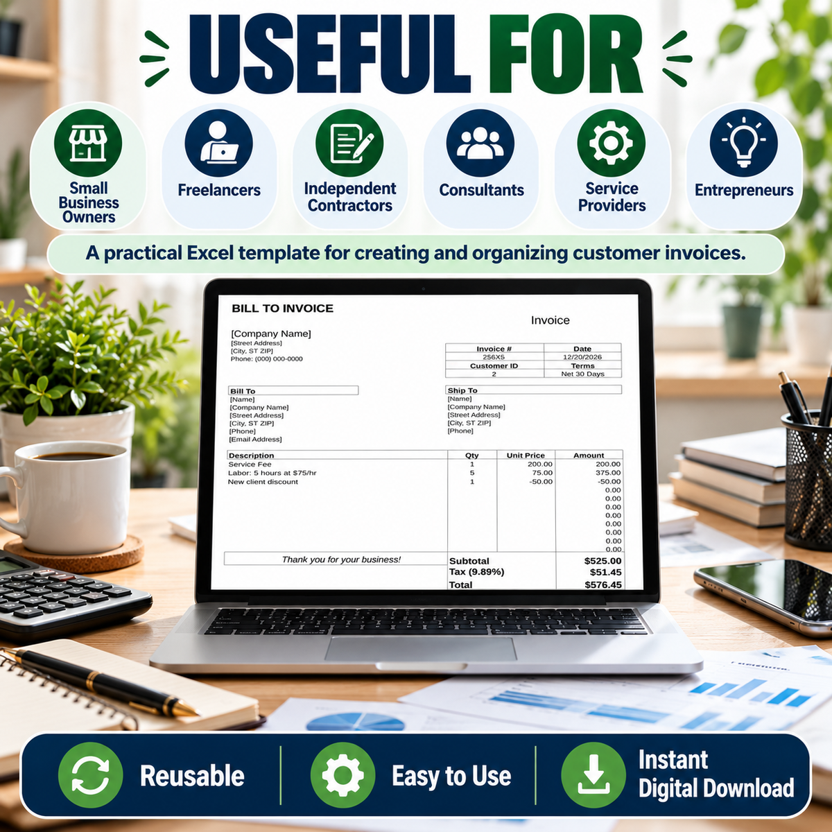 Bill to Invoice Excel Template | Automatic Invoice Spreadsheet | Small Business Invoice Template | Instant Digital Download