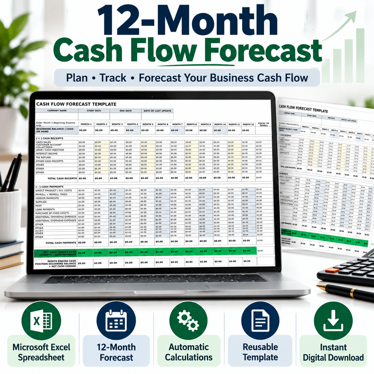 Cash Flow Forecast Excel Template | 12 Month Cash Flow Projection Spreadsheet | Business Cash Flow Planner
