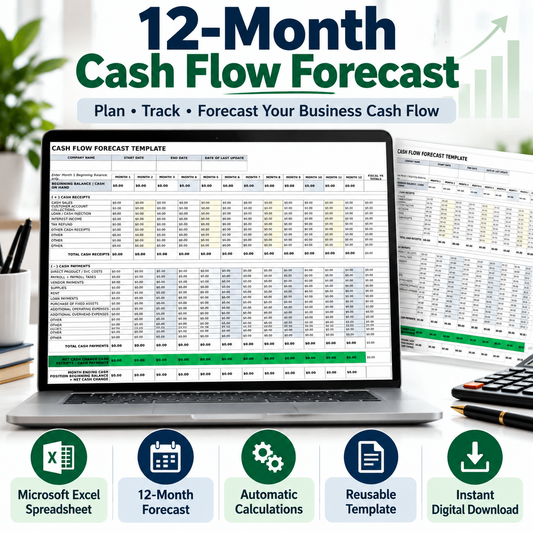 Cash Flow Forecast Excel Template | 12 Month Cash Flow Projection Spreadsheet | Business Cash Flow Planner