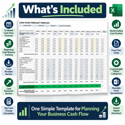 Cash Flow Forecast Excel Template | 12 Month Cash Flow Projection Spreadsheet | Business Cash Flow Planner